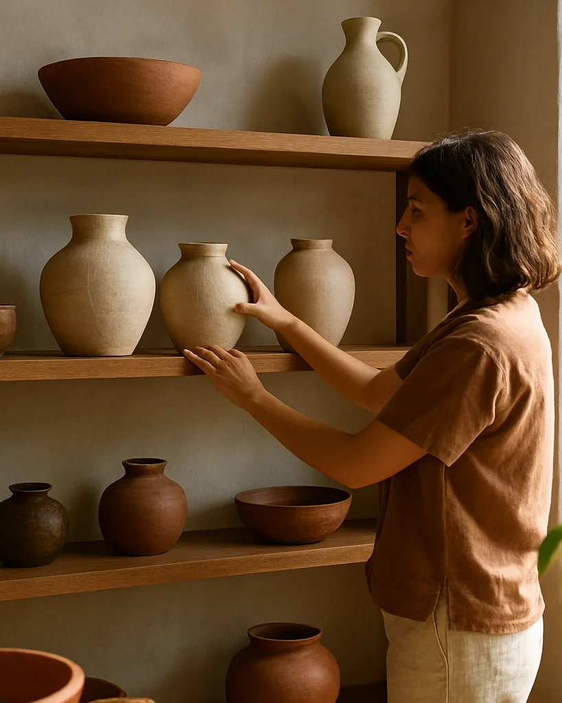 Interior mexicano contemporáneo habitado, persona acomodando obje