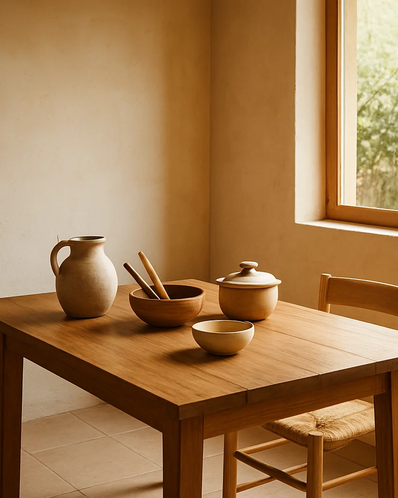 Interior mexicano contemporáneo con luz natural cálida, una mesa